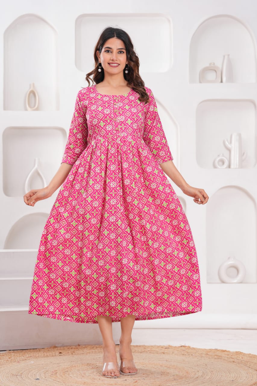Pink Printed Flared Cotton Maternity Dress